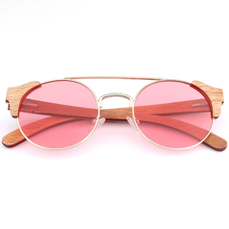 Hdcrafter Unisex Full Rim Round Alloy Wood Sunglasses 56229 Sunglasses HdCrafter Sunglasses Pink