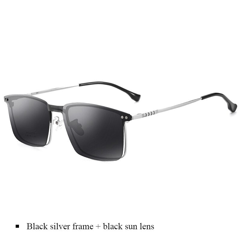 Bclear Men's Full Rim Square Alloy Frame Eyeglasses With Clip On Polarized Sunglasses Zt94016 Sunglasses Bclear Black silver frame