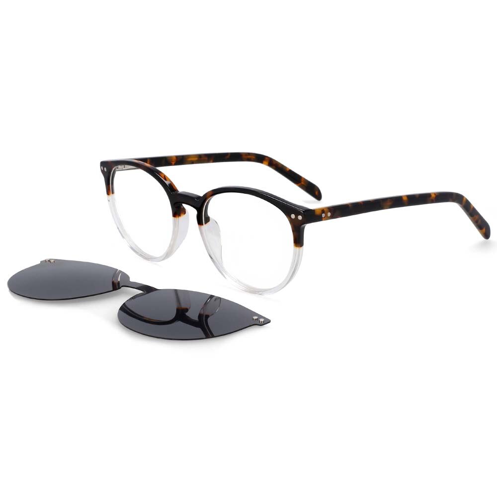 CCSpace Unisex Full Rim Round Cat Eye Acetate Frame Eyeglasses Clip On Sunglasses 54331 Clip On Sunglasses CCspace leopard-clear China white