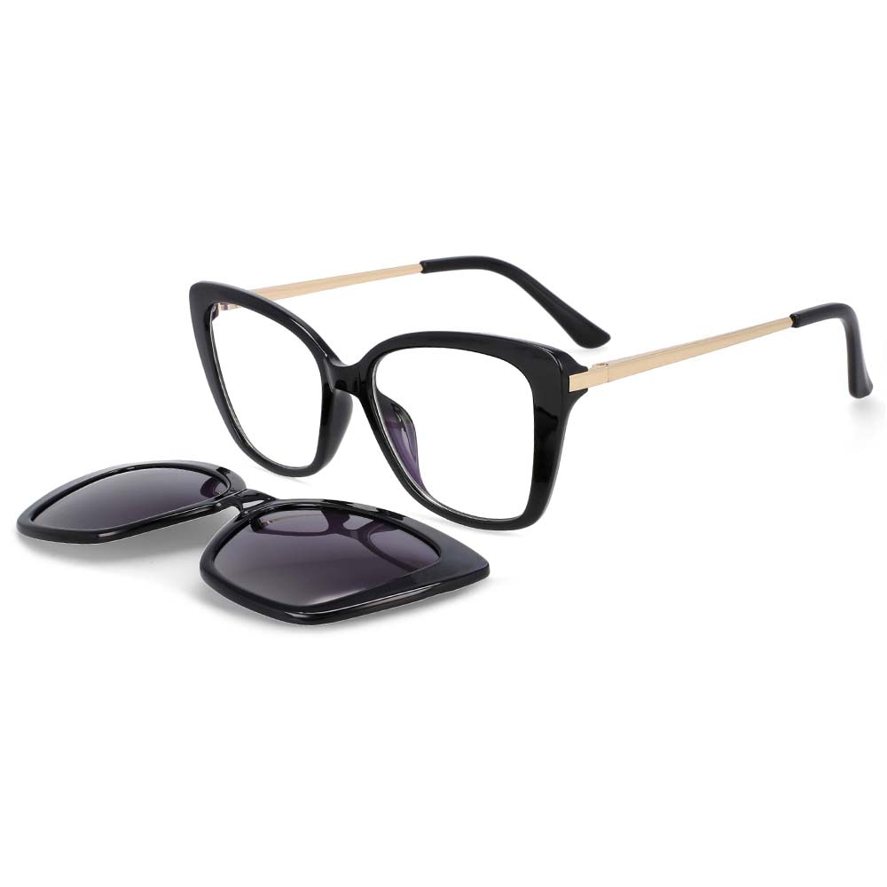 CCSpace Women's Full Rim Rectangle Cat Eye Tr 90 Titanium Frame Eyeglasses Clip On Sunglasses 53851 Clip On Sunglasses CCspace black China white