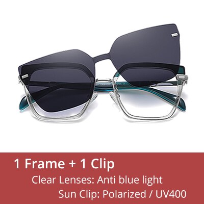 Ralferty Women's Full Rim Square Cat Eye Alloy Acetate Eyeglasses With Clip On Polarized Sunglasses Clip On Sunglasses Ralferty C653 Clear Green China As picture