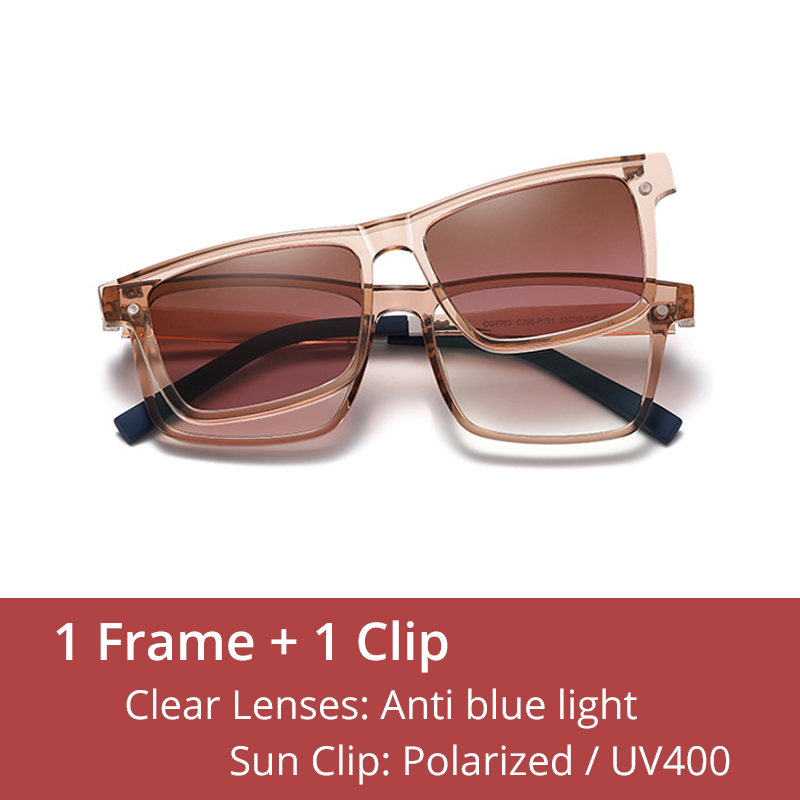 Ralferty Men's Full Rim Rectangle Tr 90 Acetate Eyeglasses With Clip On Polarized Sunglasses D7703 Clip On Sunglasses Ralferty C286 Brown China As picture