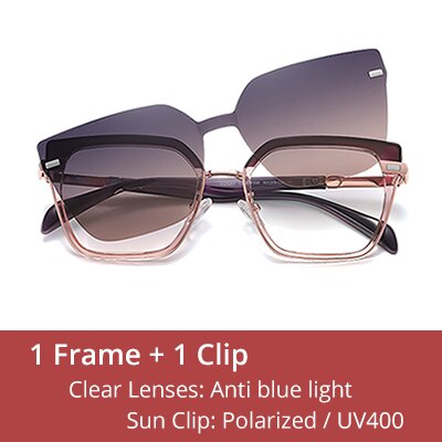 Ralferty Women's Full Rim Square Cat Eye Alloy Acetate Eyeglasses With Clip On Polarized Sunglasses Clip On Sunglasses Ralferty C654 Clear Purple China As picture