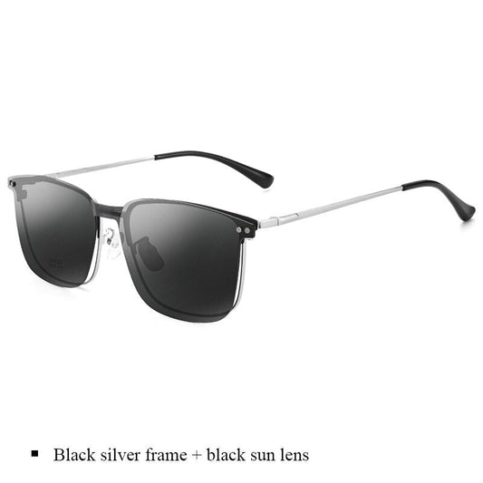 Bclear Men's Full Rim Square Alloy Frame Eyeglasses Clip On Polarized Sunglasses Zt94020 Sunglasses Bclear Black silver frame