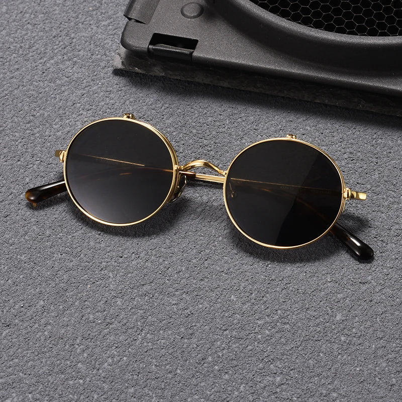 Black Mask Unisex Semi Rim Round Titanium Flip Up Polarized Sunglasses Eyeglasses K54 Sunglasses Black Mask Golden