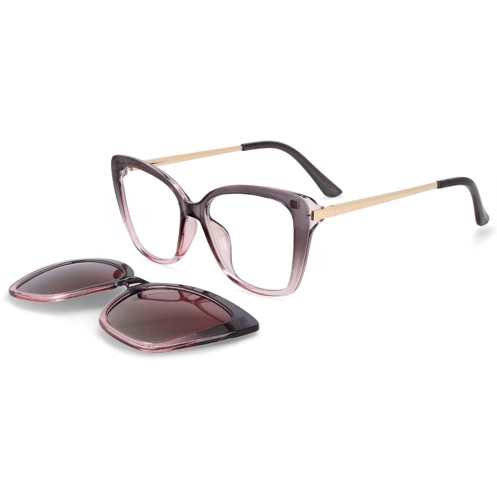 CCSpace Women's Full Rim Rectangle Cat Eye Tr 90 Titanium Frame Eyeglasses Clip On Sunglasses 53851 Clip On Sunglasses CCspace gray-pink China white