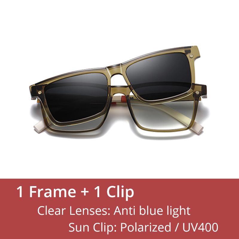 Ralferty Men's Full Rim Rectangle Tr 90 Acetate Eyeglasses With Clip On Polarized Sunglasses D7703 Clip On Sunglasses Ralferty C526 Green China As picture