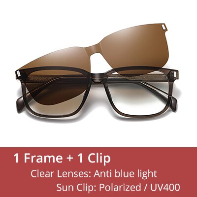 Ralferty Men's Full Rim Square Tr 90 Acetate Eyeglasses With Clip On Polarized Sunglasses D7201 Clip On Sunglasses Ralferty C646 Brown China As picture