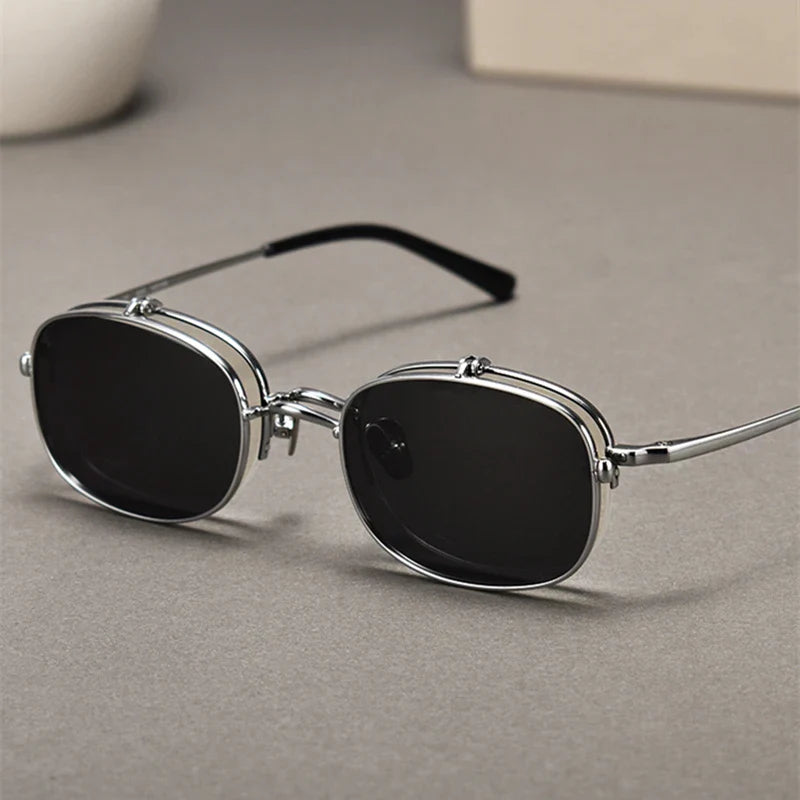 Black Mask Unisex Semi Rim Rectangle Titanium Eyeglasses Clip On Sunglasses K15 Sunglasses Black Mask Silver