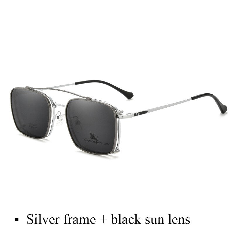 Bclear Men's Full Rim Square Alloy Frame Eyeglasses With Clip On Polarized Sunglasses Zt95002 Sunglasses Bclear Silver