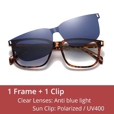 Ralferty Men's Full Rim Square Tr 90 Acetate Eyeglasses With Clip On Polarized Sunglasses D7201 Clip On Sunglasses Ralferty C645 Leopard China As picture