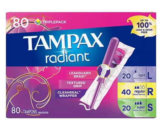 Tampax Radiant Tampons Trio Pack, Light/Regular/Super, Unscented (80 ct.)