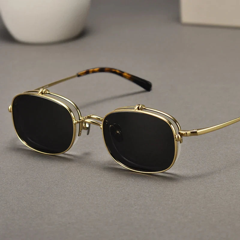 Black Mask Unisex Semi Rim Rectangle Titanium Eyeglasses Clip On Sunglasses K15 Sunglasses Black Mask Golden