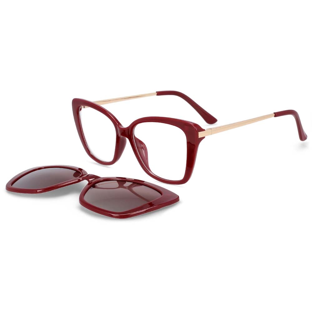 CCSpace Women's Full Rim Rectangle Cat Eye Tr 90 Titanium Frame Eyeglasses Clip On Sunglasses 53851 Clip On Sunglasses CCspace Red China white