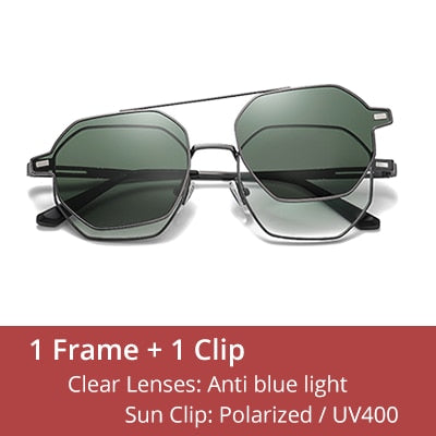 Ralferty Unisex Full Rim Hexagon Alloy Eyeglasses With Clip On Polarized Sunglasses Clip On Sunglasses Ralferty C09 Matt Gun-Green China As picture