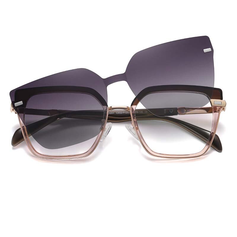 CCSpace Full Rim Square Cat Eye Tr 90 Titanium Eyeglasses With Clip On Sunglasses 54894 Clip On Sunglasses CCspace GrayPink 54894