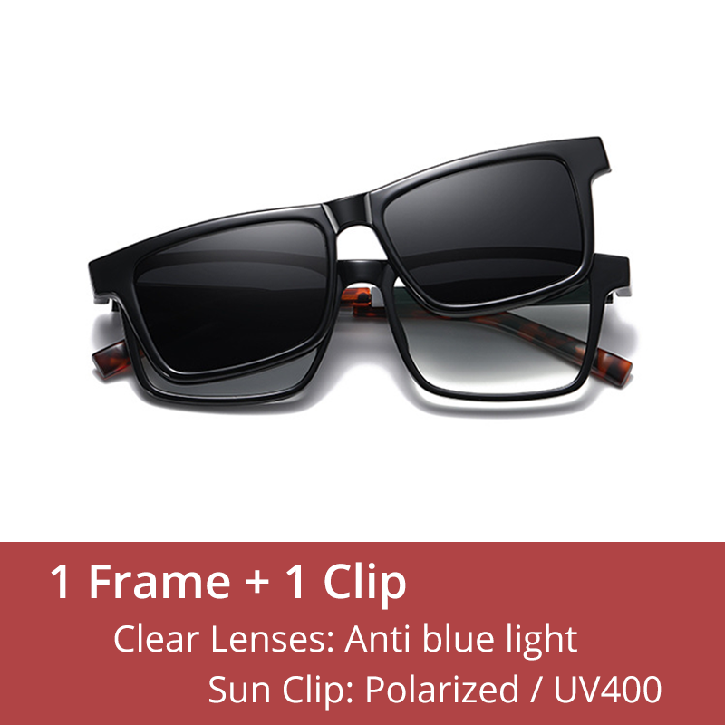 Ralferty Men's Full Rim Rectangle Tr 90 Acetate Eyeglasses With Clip On Polarized Sunglasses D7703 Clip On Sunglasses Ralferty C01 Black China As picture