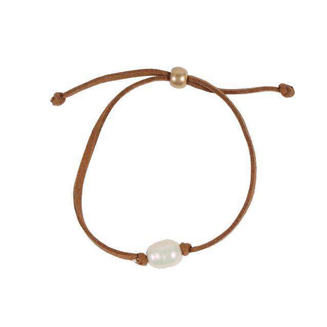 Pearl Leather Bracelet in Light Brown by Country Club Prep