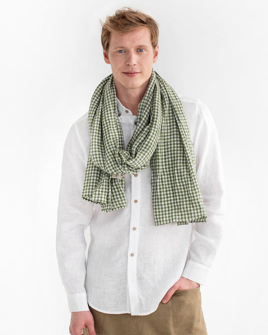 Men's linen scarf in Forest green gingham