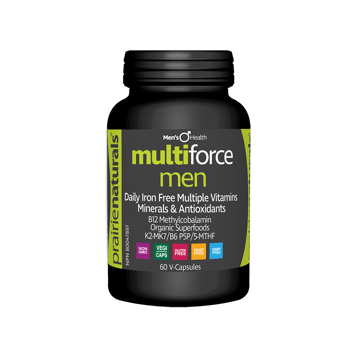 Prairie Naturals Multi-Force for Men Daily Iron-Free Multiple Vitamins, Minerals & Antioxidants 60 V-Capsules