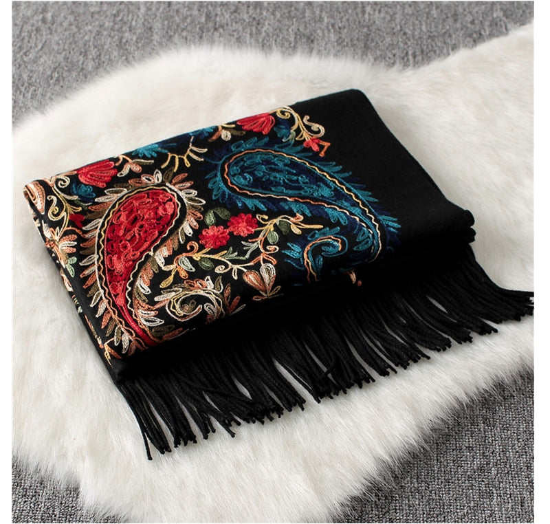 Embroidered Flower Cashmere Wrap Scarves