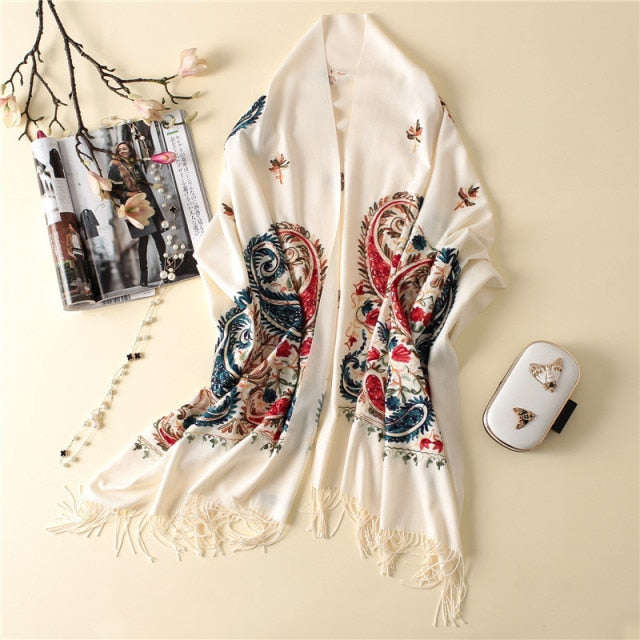 Embroidered Flower Cashmere Wrap Scarves