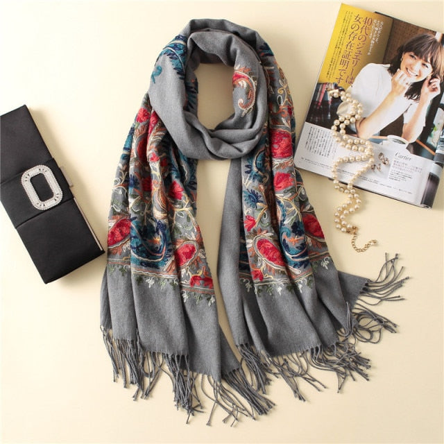 Embroidered Flower Cashmere Wrap Scarves