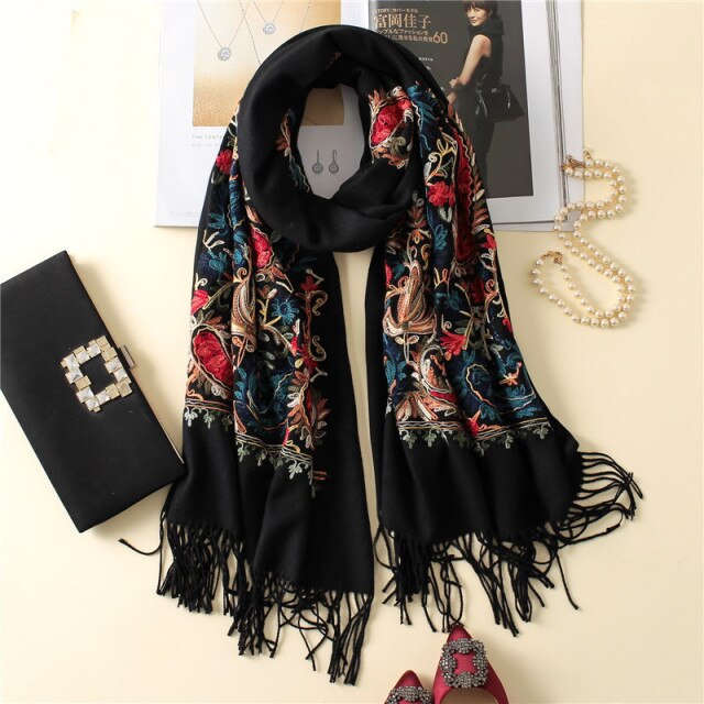 Embroidered Flower Cashmere Wrap Scarves