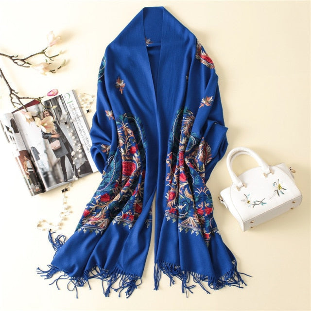 Embroidered Flower Cashmere Wrap Scarves