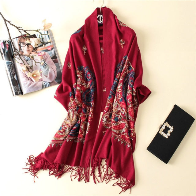 Embroidered Flower Cashmere Wrap Scarves