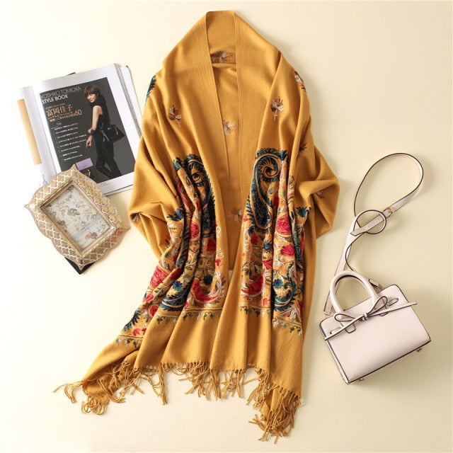 Embroidered Flower Cashmere Wrap Scarves