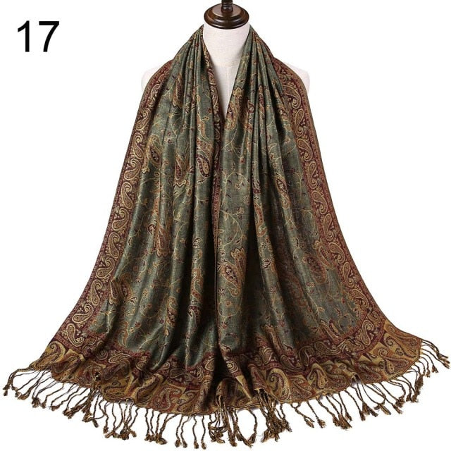 Paisley Flower Borders Pattern Pashmina Silk Scarf