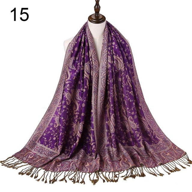 Paisley Flower Borders Pattern Pashmina Silk Scarf