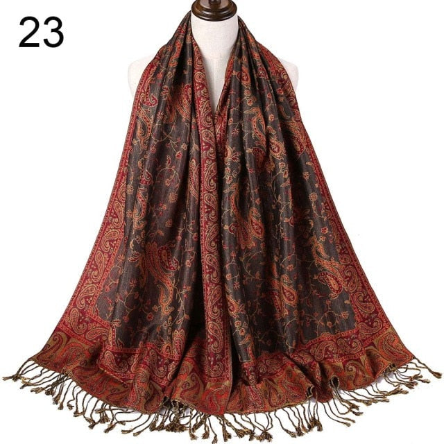 Paisley Flower Borders Pattern Pashmina Silk Scarf
