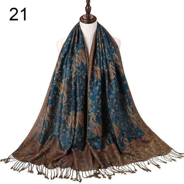 Paisley Flower Borders Pattern Pashmina Silk Scarf