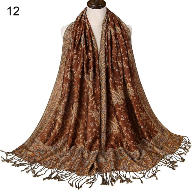 Paisley Flower Borders Pattern Pashmina Silk Scarf
