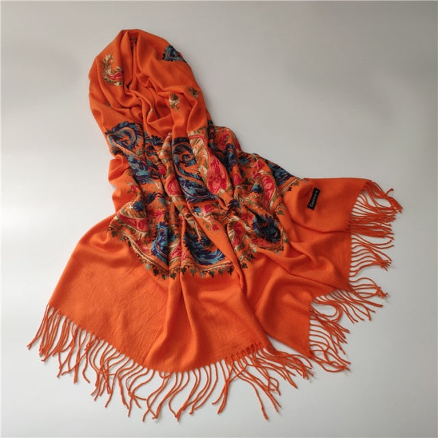 Embroidered Flower Cashmere Wrap Scarves