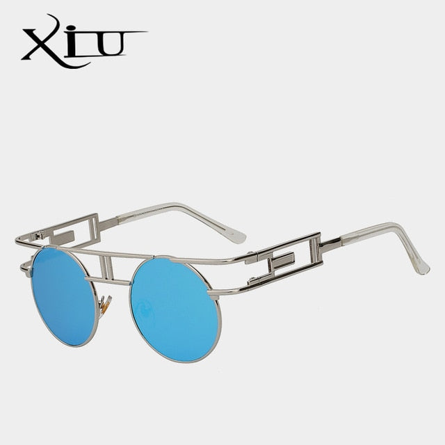 Xiu Brand Men's Steampunk Gothic Sunglasses Women Brand Designer Rose Gold Sunglasses Xiu Silver w blue mirror