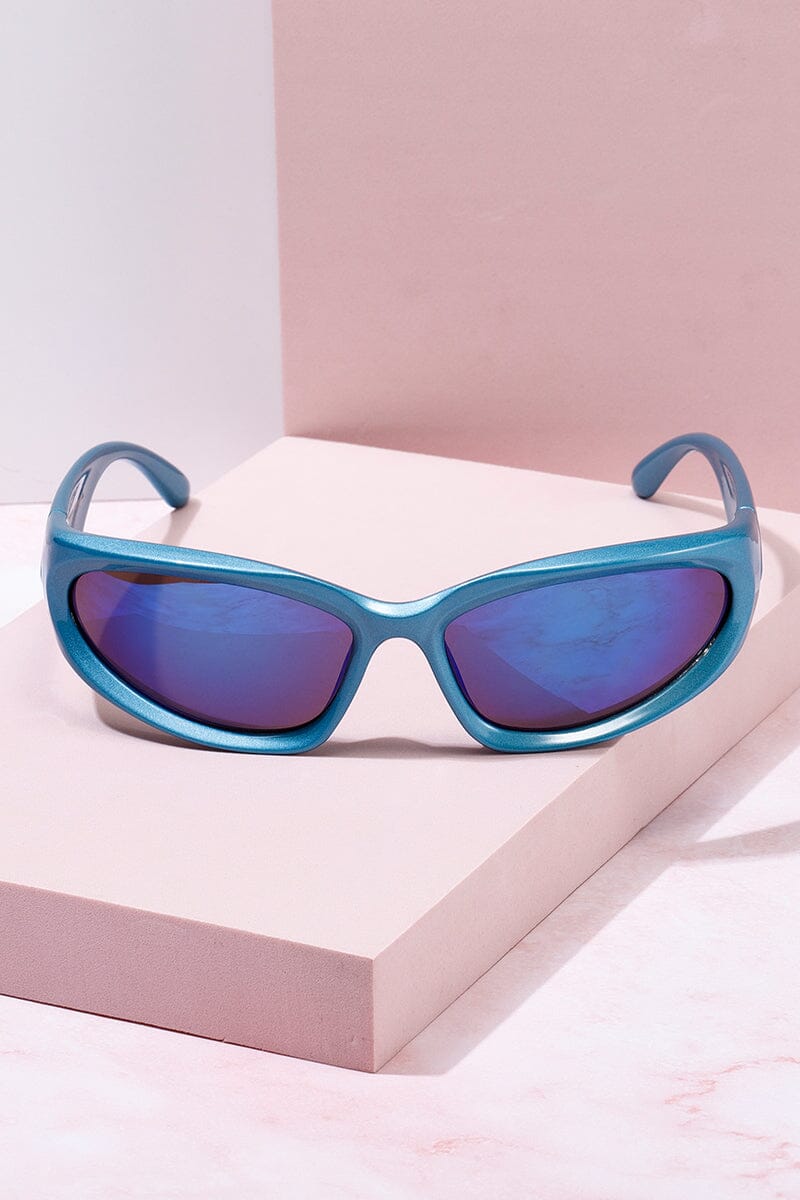 Santa Monica Wrap Around Frame Sunglasses Sunglasses mure + grand Blue/Blue Mirror